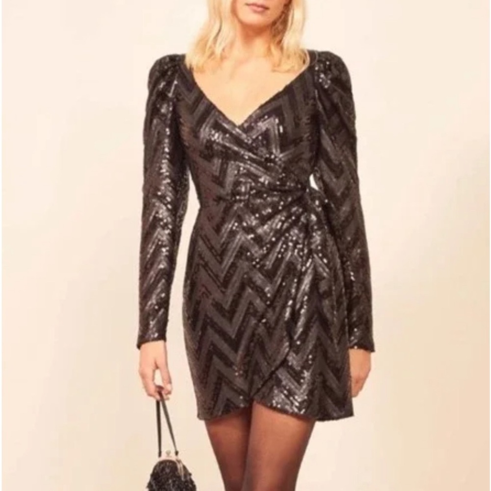 NWT Reformation Ireland Wrap Sequin Black/Silver Cocktail Party Dress